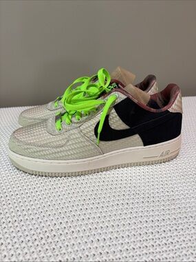 Nike Air Force 1 Low — Beige Upper with Black Swoosh and Neon Green Laces